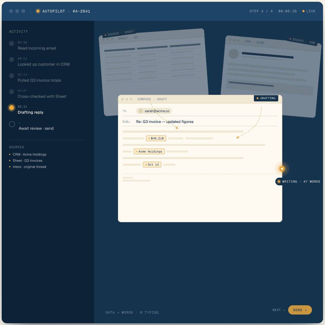 Room74 Autopilot — AI validating data from a financial report, cross-checking figures automatically